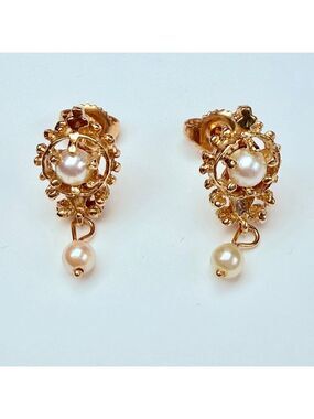 14K Solid Yellow Gold Pearl Renaissance Neoclassical Stud & Dangle VTG Earrings